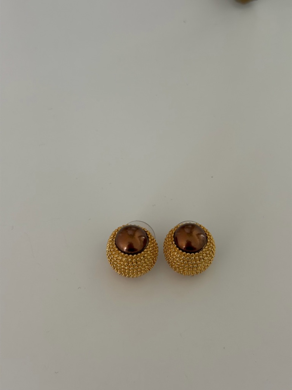 Vintage Signed Erwin Pearl Gold Beaded Dome Earrings - Brown Faux Pearl